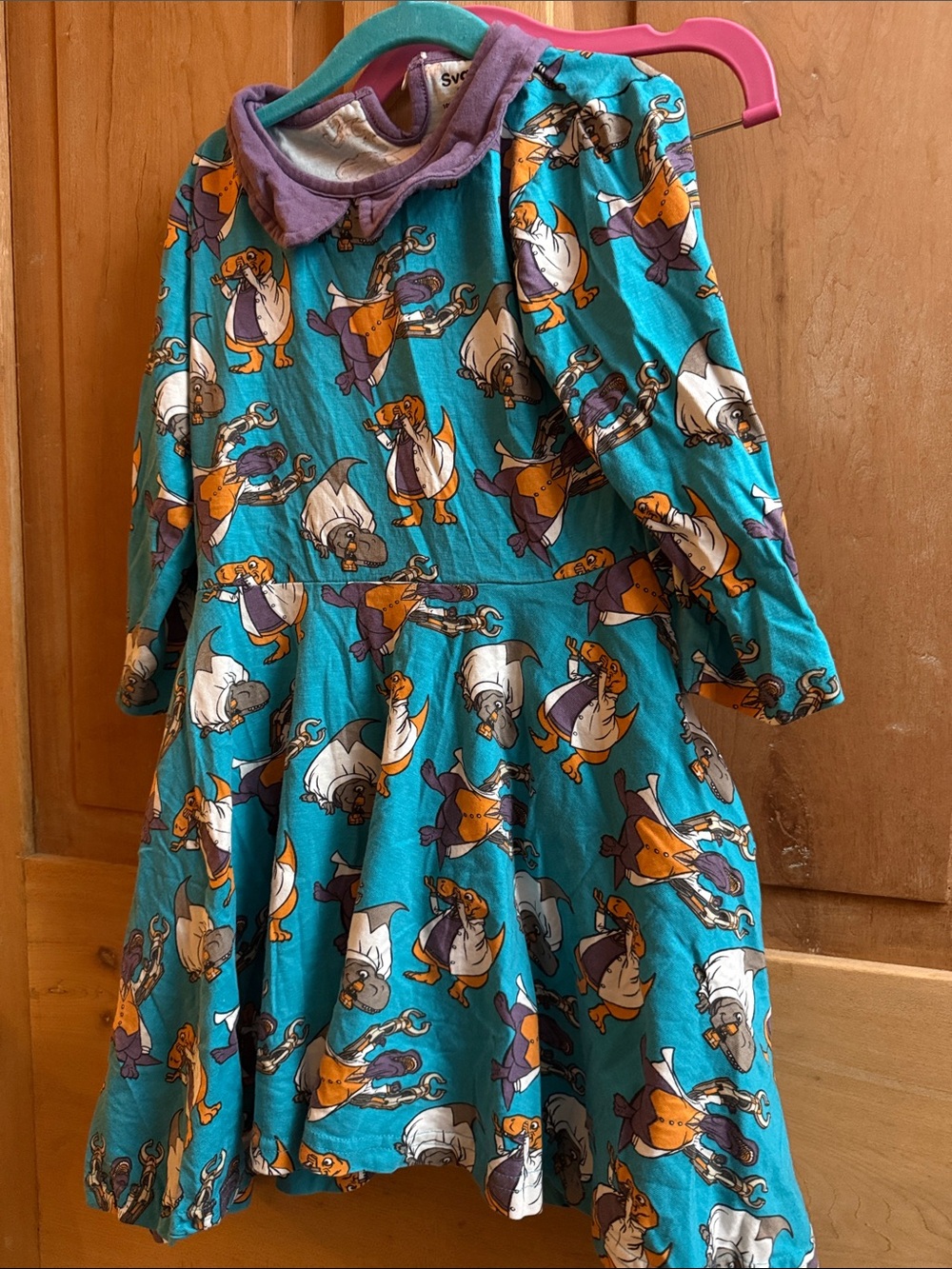 Svaha Dinosaur Girls' Teal Character Print Long-Sleeve Dress